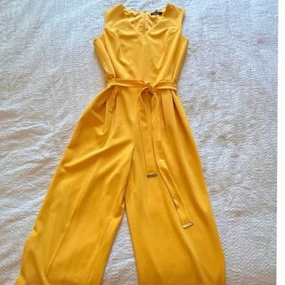 Tommy Hilfiger V Neck Belted Waist Wide Leg One Piece Jumpsuit Yellow 10 EUC