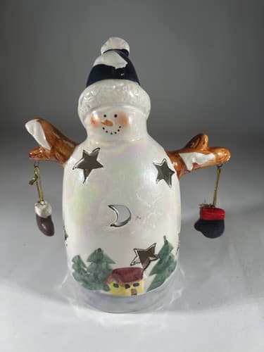 Vintage Christmas Snowman Ceramic Tea light Holder Mittens Stars Moon Whimsical - Thumbnail 2