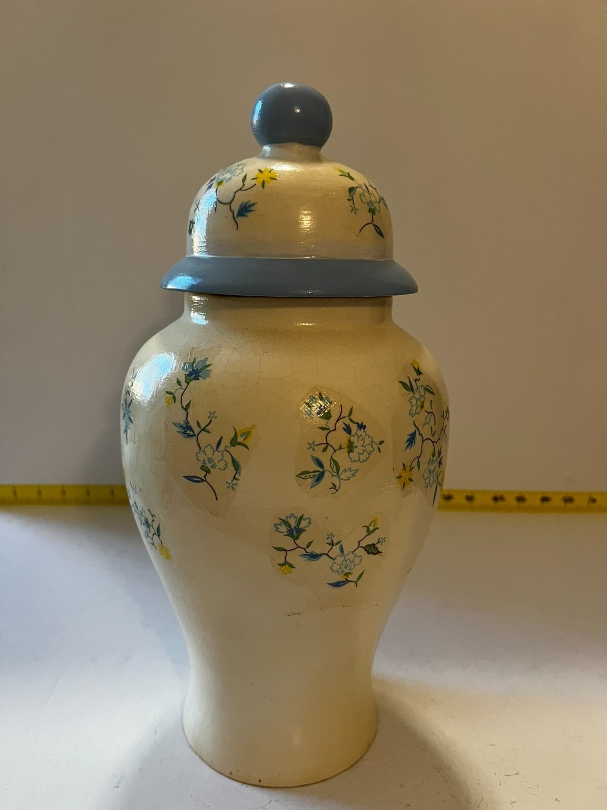 Ginger Jar & Lid White Blue Floral Decal Vintage Porcelain 10” Lidded Vase