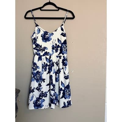 Monteau Floral Spaghetti Strap V Neckline Mini Sundress Blue White M - Thumbnail 5