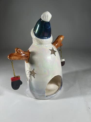 Vintage Christmas Snowman Ceramic Tea light Holder Mittens Stars Moon Whimsical - Thumbnail 7