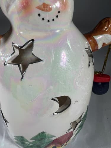 Vintage Christmas Snowman Ceramic Tea light Holder Mittens Stars Moon Whimsical - Thumbnail 15