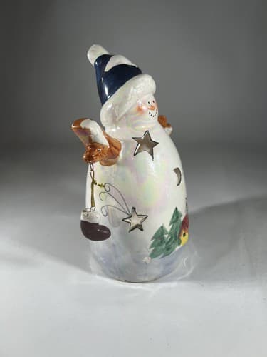 Vintage Christmas Snowman Ceramic Tea light Holder Mittens Stars Moon Whimsical - Thumbnail 11