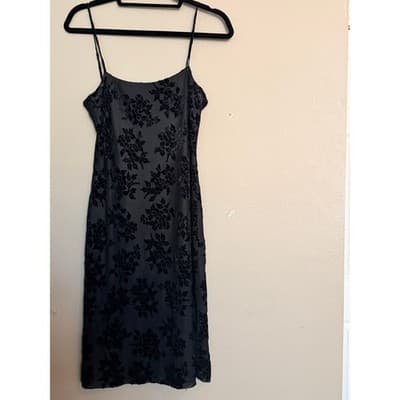 Vintage Floral Lace Velvet Spaghetti Strap Bodycon Maxi Dress Black Small EUC