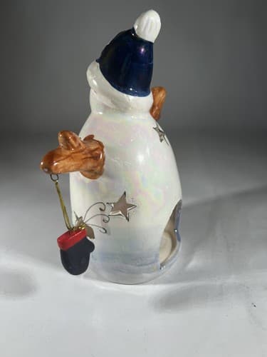 Vintage Christmas Snowman Ceramic Tea light Holder Mittens Stars Moon Whimsical - Thumbnail 6