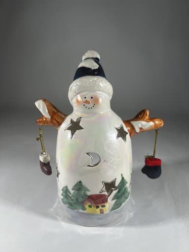 Vintage Christmas Snowman Ceramic Tea light Holder Mittens Stars Moon Whimsical - Thumbnail 3