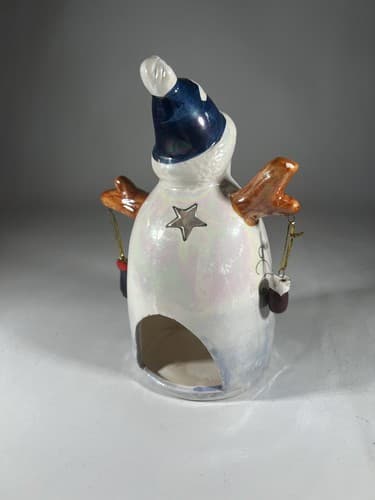 Vintage Christmas Snowman Ceramic Tea light Holder Mittens Stars Moon Whimsical - Thumbnail 9