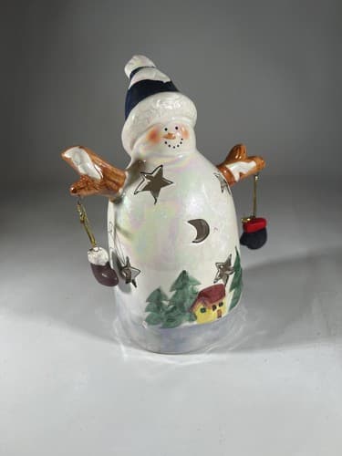 Vintage Christmas Snowman Ceramic Tea light Holder Mittens Stars Moon Whimsical - Thumbnail 12