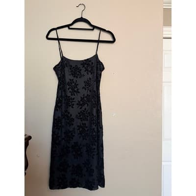 Vintage Floral Lace Velvet Spaghetti Strap Bodycon Maxi Dress Black Small EUC - Thumbnail 8