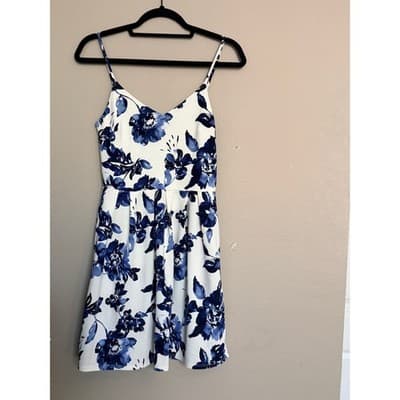 Monteau Floral Spaghetti Strap V Neckline Mini Sundress Blue White M - Thumbnail 2