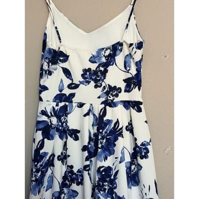Monteau Floral Spaghetti Strap V Neckline Mini Sundress Blue White M - Thumbnail 12
