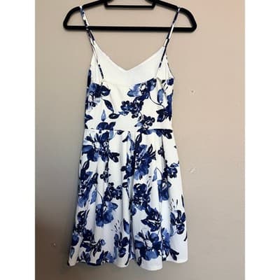 Monteau Floral Spaghetti Strap V Neckline Mini Sundress Blue White M - Thumbnail 14