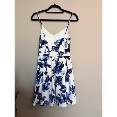 Monteau Floral Spaghetti Strap V Neckline Mini Sundress Blue White M - Thumbnail 16