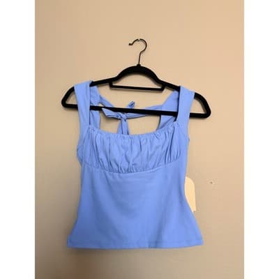Blogilates Bow Back Tie Athletic Tank Top Blue Halter Ruched Front Small NWT