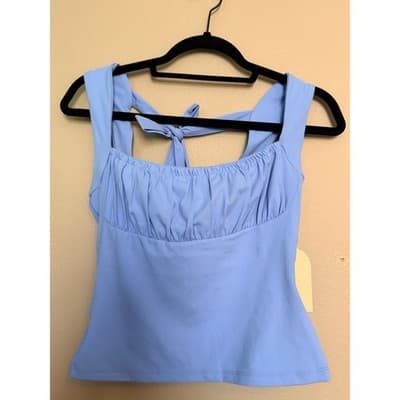 Blogilates Bow Back Tie Athletic Tank Top Blue Halter Ruched Front Small NWT - Thumbnail 2