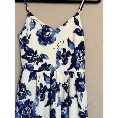 Monteau Floral Spaghetti Strap V Neckline Mini Sundress Blue White M - Thumbnail 3