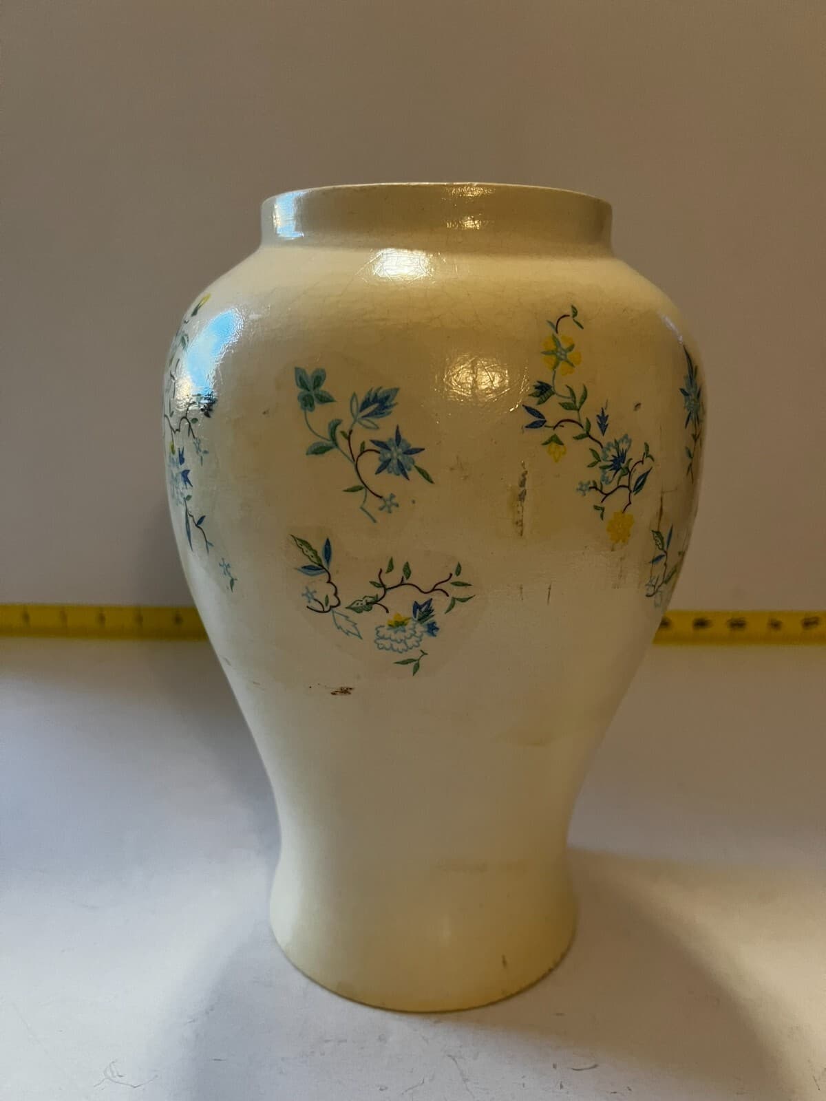 Ginger Jar & Lid White Blue Floral Decal Vintage Porcelain 10” Lidded Vase - Thumbnail 3
