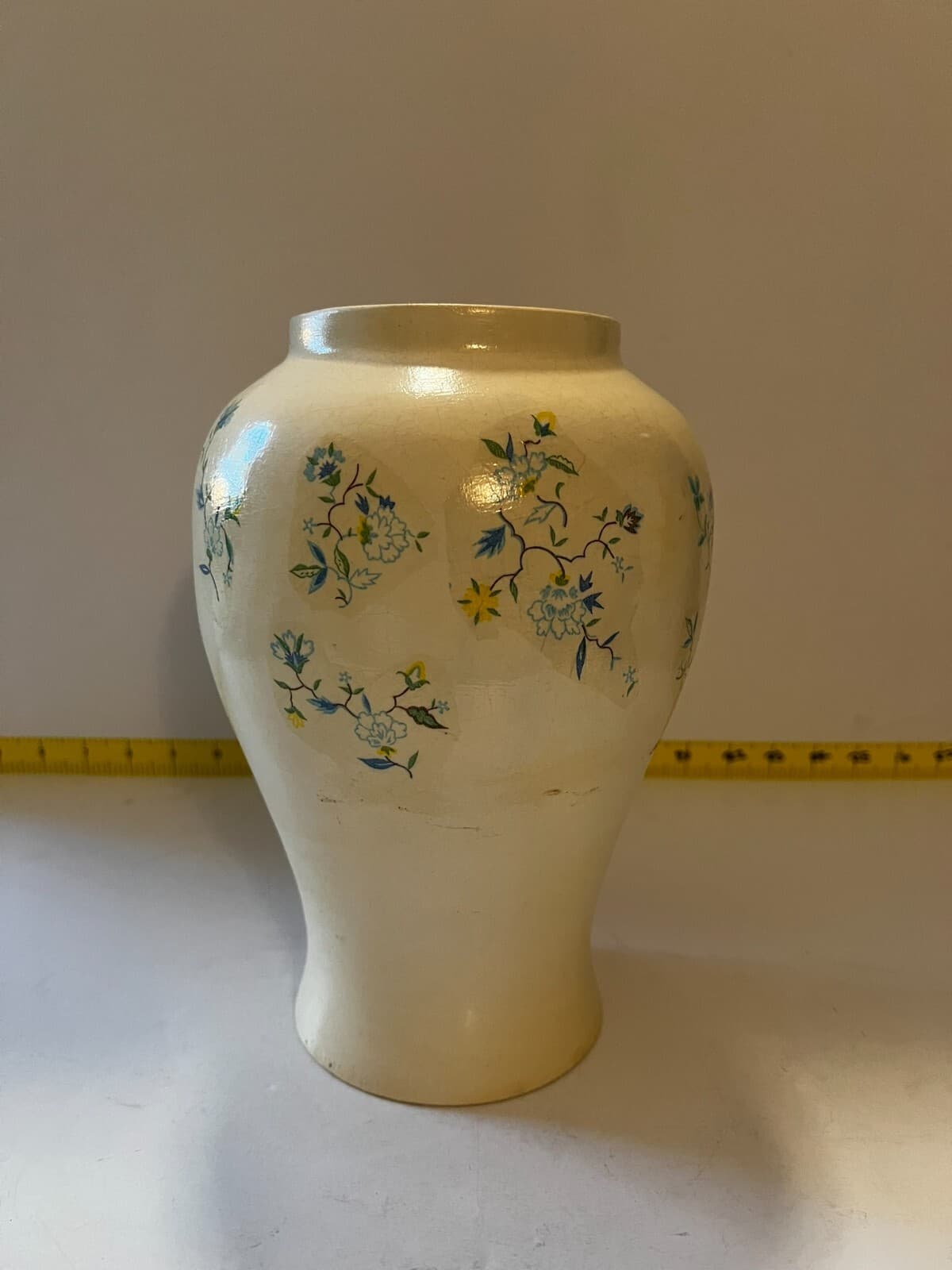 Ginger Jar & Lid White Blue Floral Decal Vintage Porcelain 10” Lidded Vase - Thumbnail 4