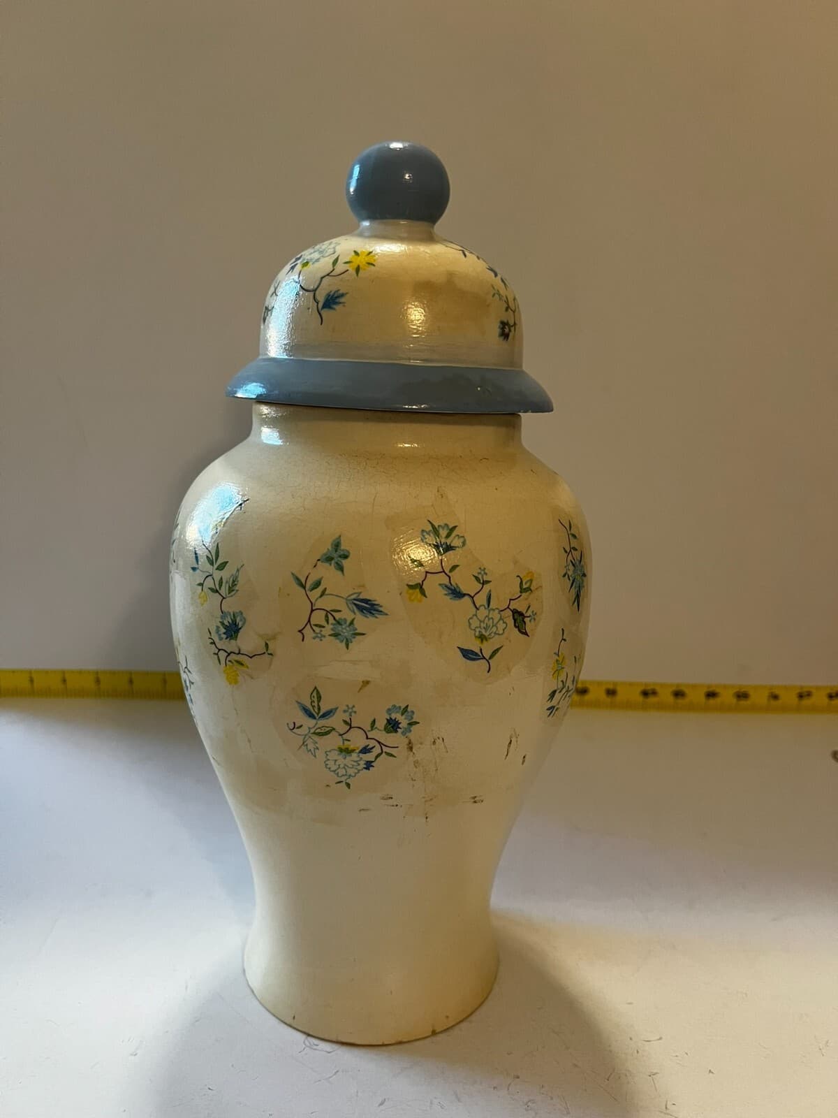 Ginger Jar & Lid White Blue Floral Decal Vintage Porcelain 10” Lidded Vase - Thumbnail 5