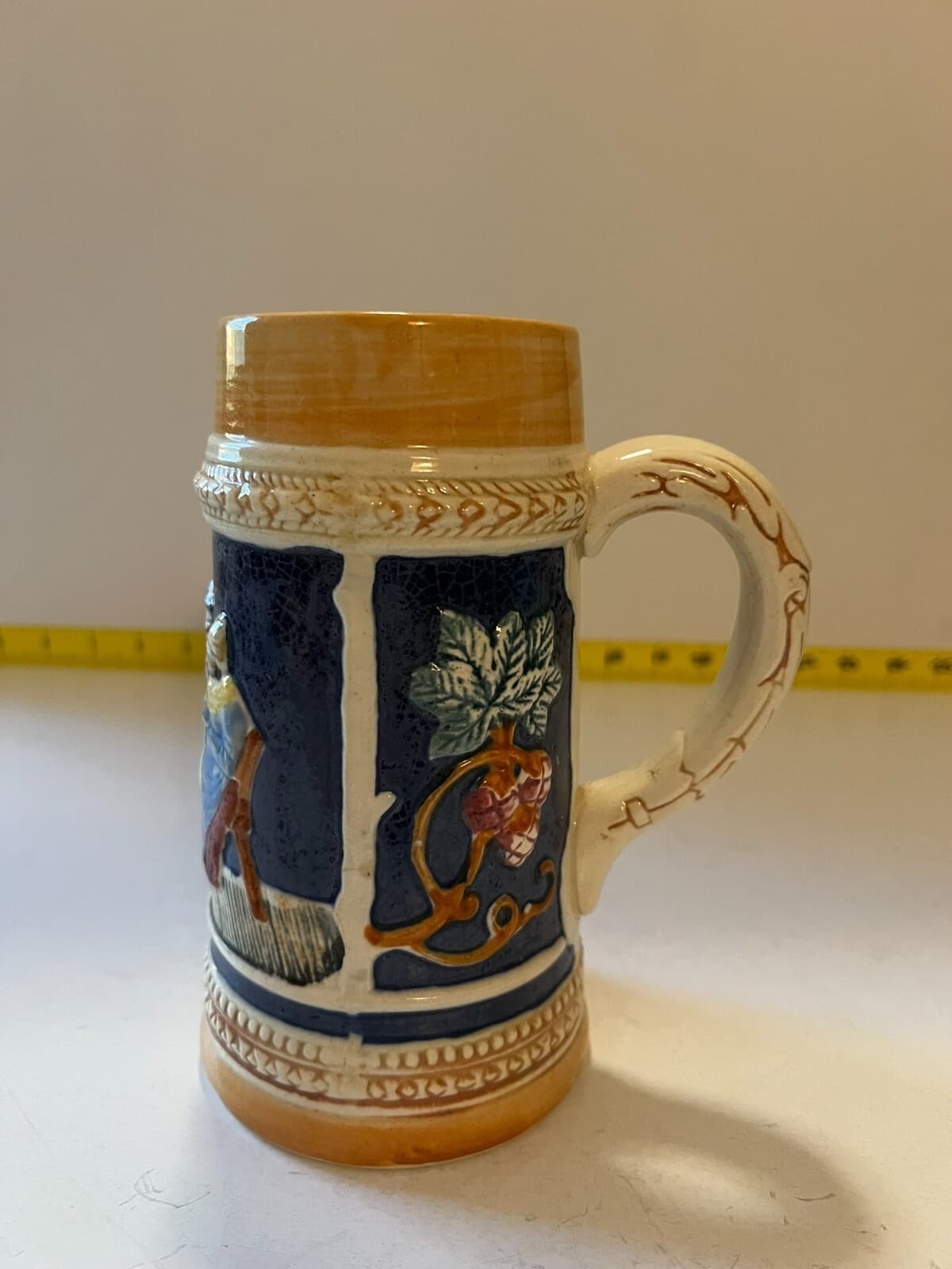 Vintage Ceramic Beer Stein Mug Made In Japan Raised Artwork Design Pub Glassware