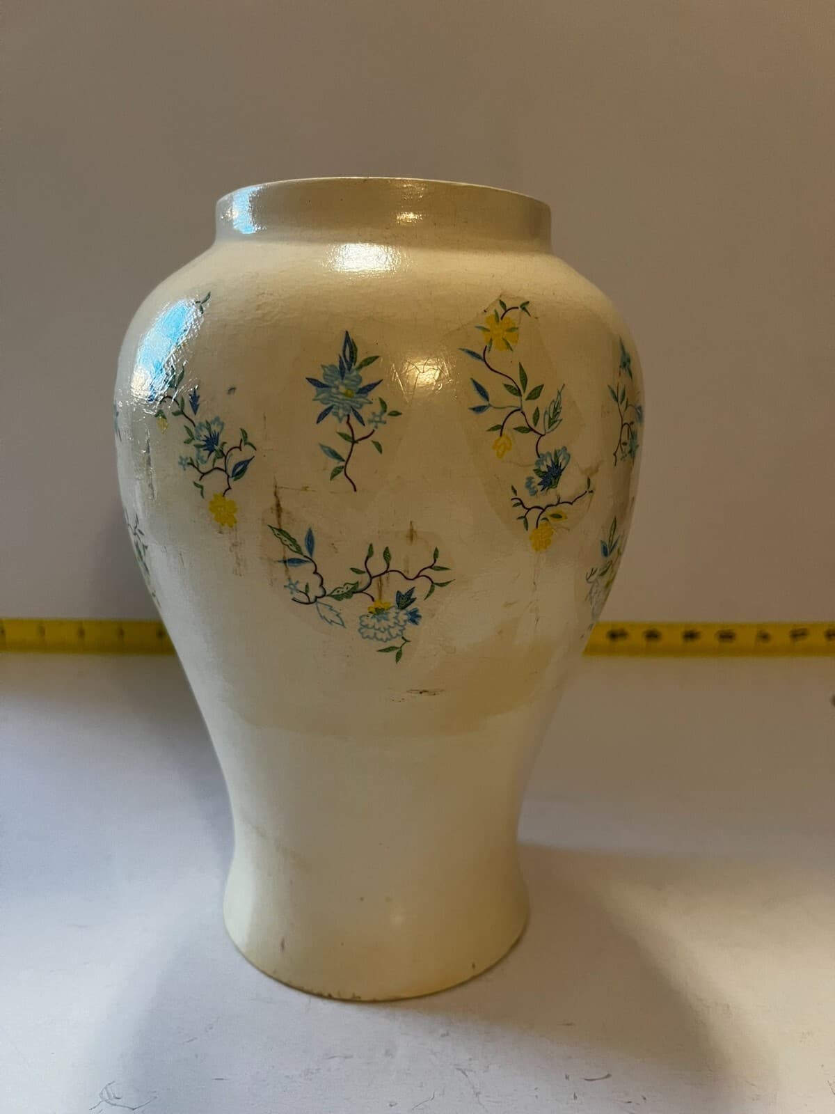 Ginger Jar & Lid White Blue Floral Decal Vintage Porcelain 10” Lidded Vase - Thumbnail 2