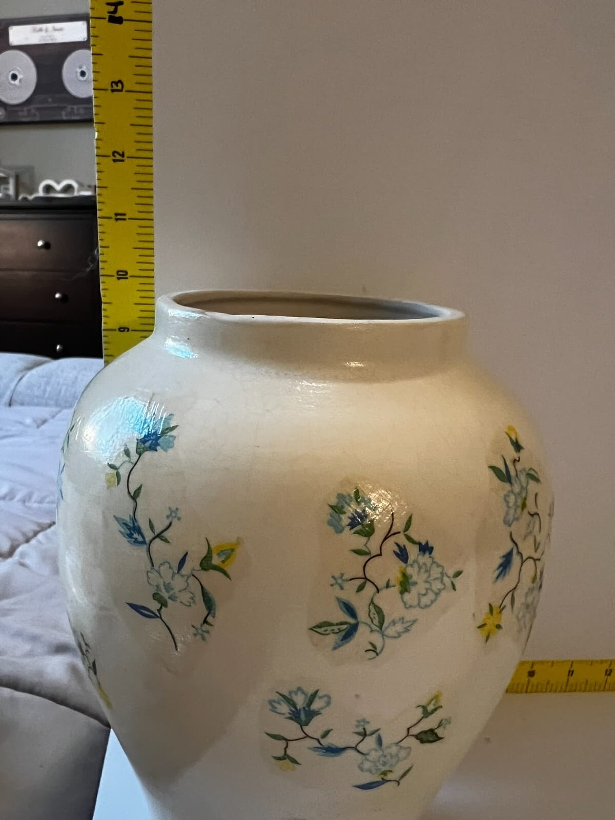 Ginger Jar & Lid White Blue Floral Decal Vintage Porcelain 10” Lidded Vase - Thumbnail 9
