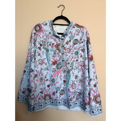 Women’s Boho Floral Bird Print Tunic Blouse Stand Collar Button Front Pink XXL