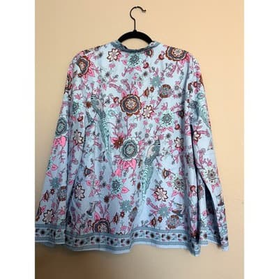 Women’s Boho Floral Bird Print Tunic Blouse Stand Collar Button Front Pink XXL - Thumbnail 8