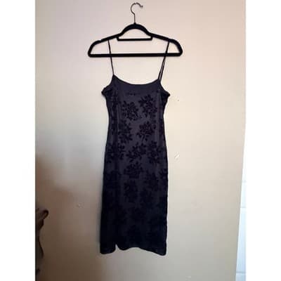 Vintage Floral Lace Velvet Spaghetti Strap Bodycon Maxi Dress Black Small EUC - Thumbnail 14