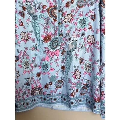 Women’s Boho Floral Bird Print Tunic Blouse Stand Collar Button Front Pink XXL - Thumbnail 6