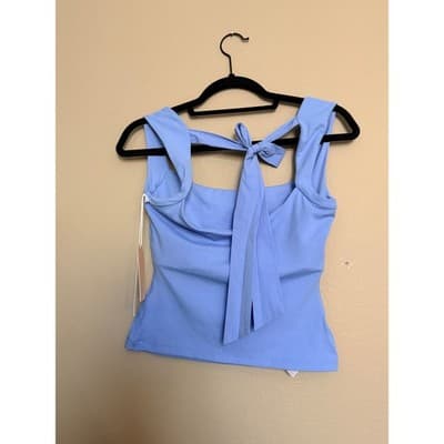 Blogilates Bow Back Tie Athletic Tank Top Blue Halter Ruched Front Small NWT - Thumbnail 6