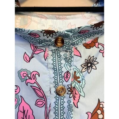 Women’s Boho Floral Bird Print Tunic Blouse Stand Collar Button Front Pink XXL - Thumbnail 3