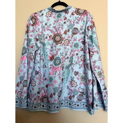Women’s Boho Floral Bird Print Tunic Blouse Stand Collar Button Front Pink XXL - Thumbnail 11