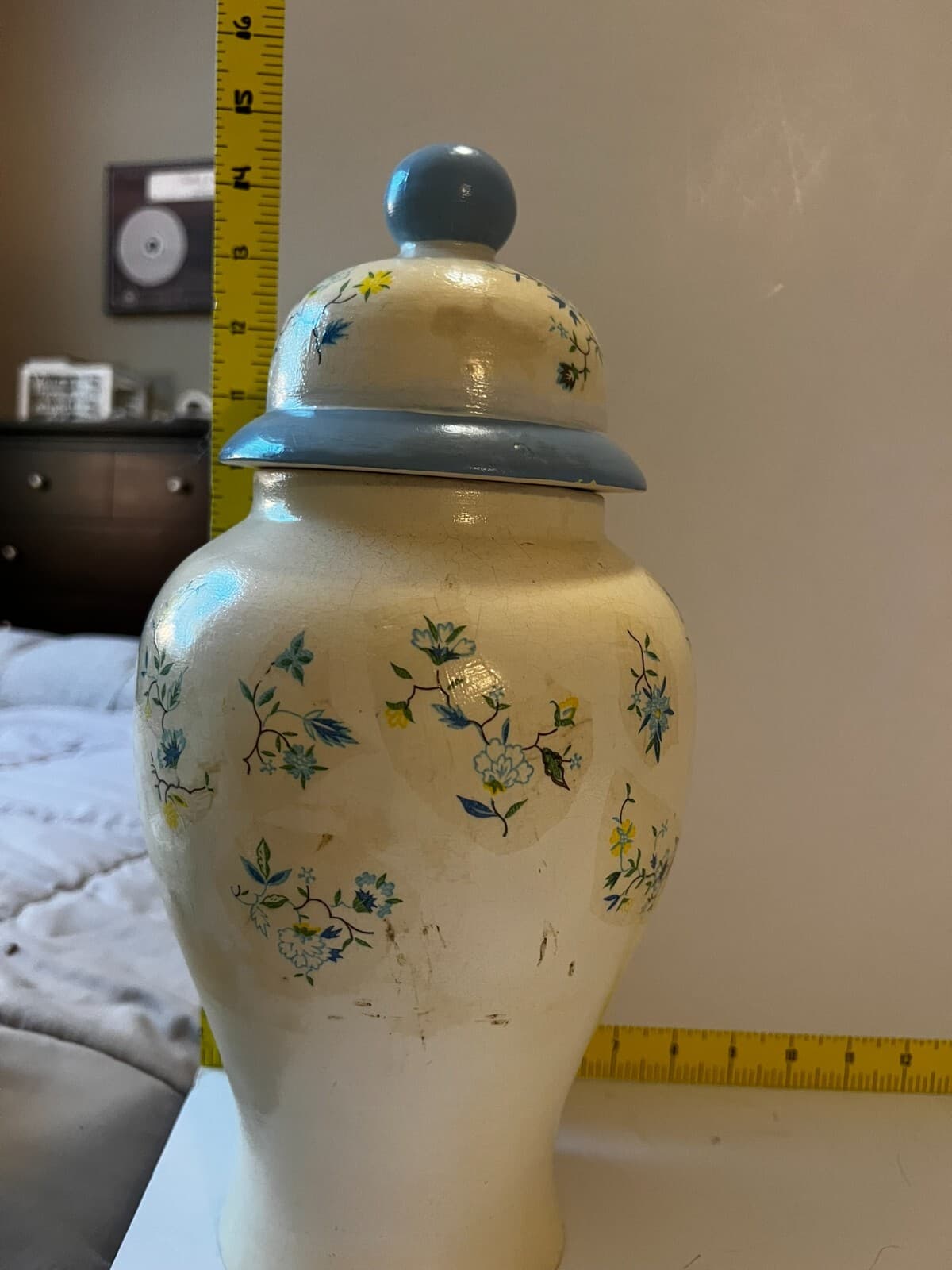 Ginger Jar & Lid White Blue Floral Decal Vintage Porcelain 10” Lidded Vase - Thumbnail 14