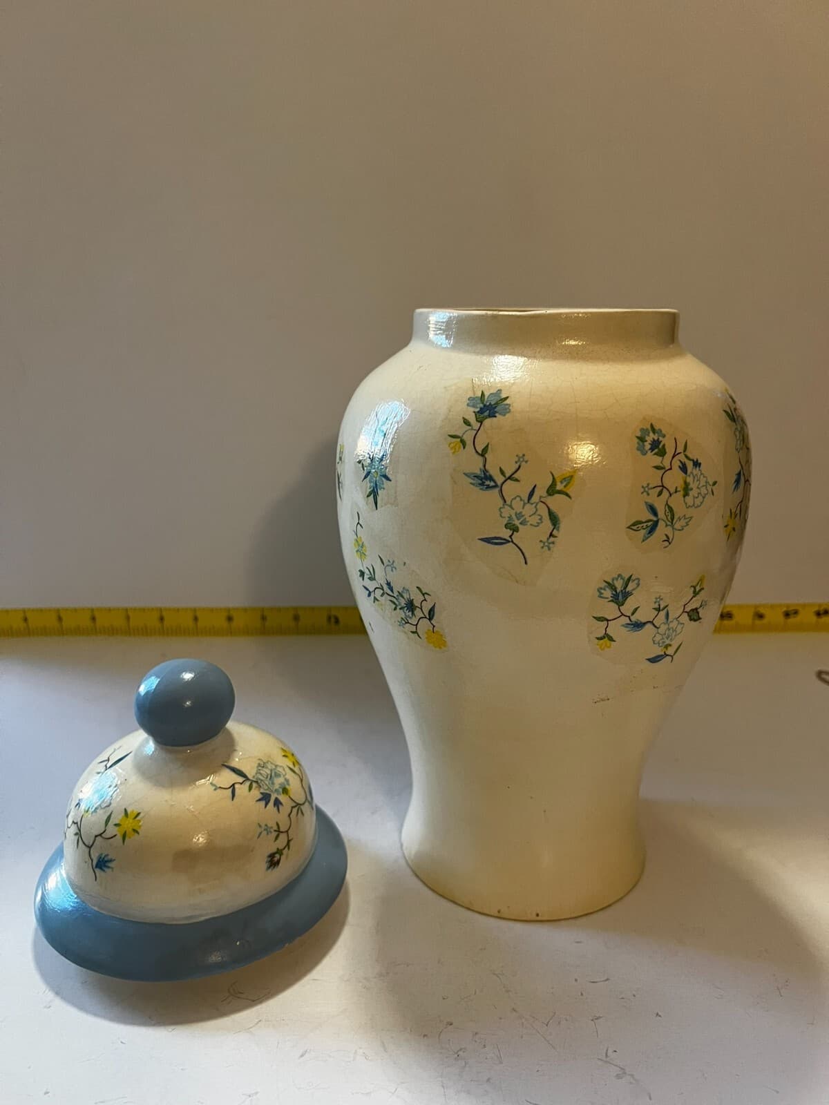 Ginger Jar & Lid White Blue Floral Decal Vintage Porcelain 10” Lidded Vase - Thumbnail 15