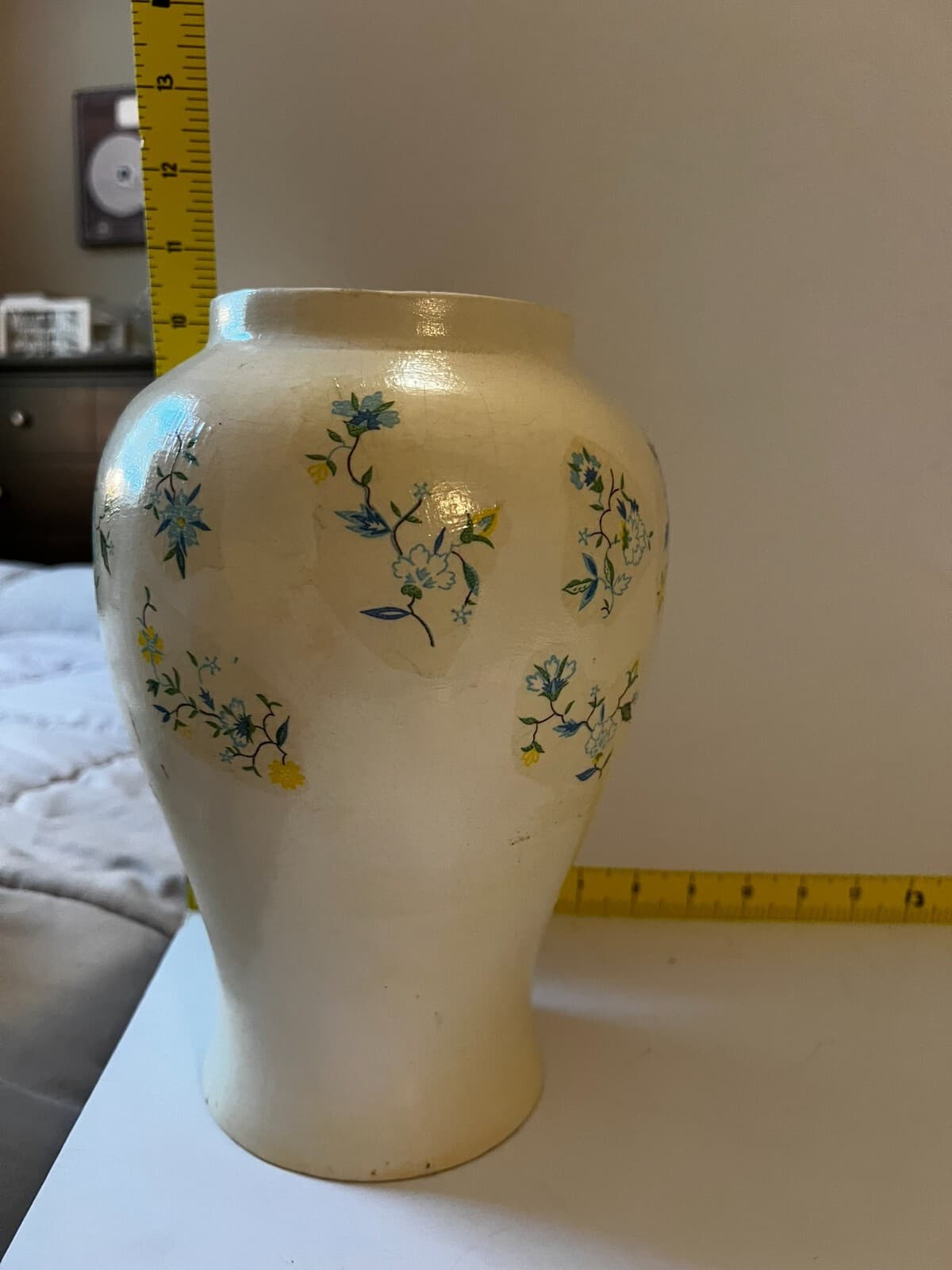 Ginger Jar & Lid White Blue Floral Decal Vintage Porcelain 10” Lidded Vase - Thumbnail 11