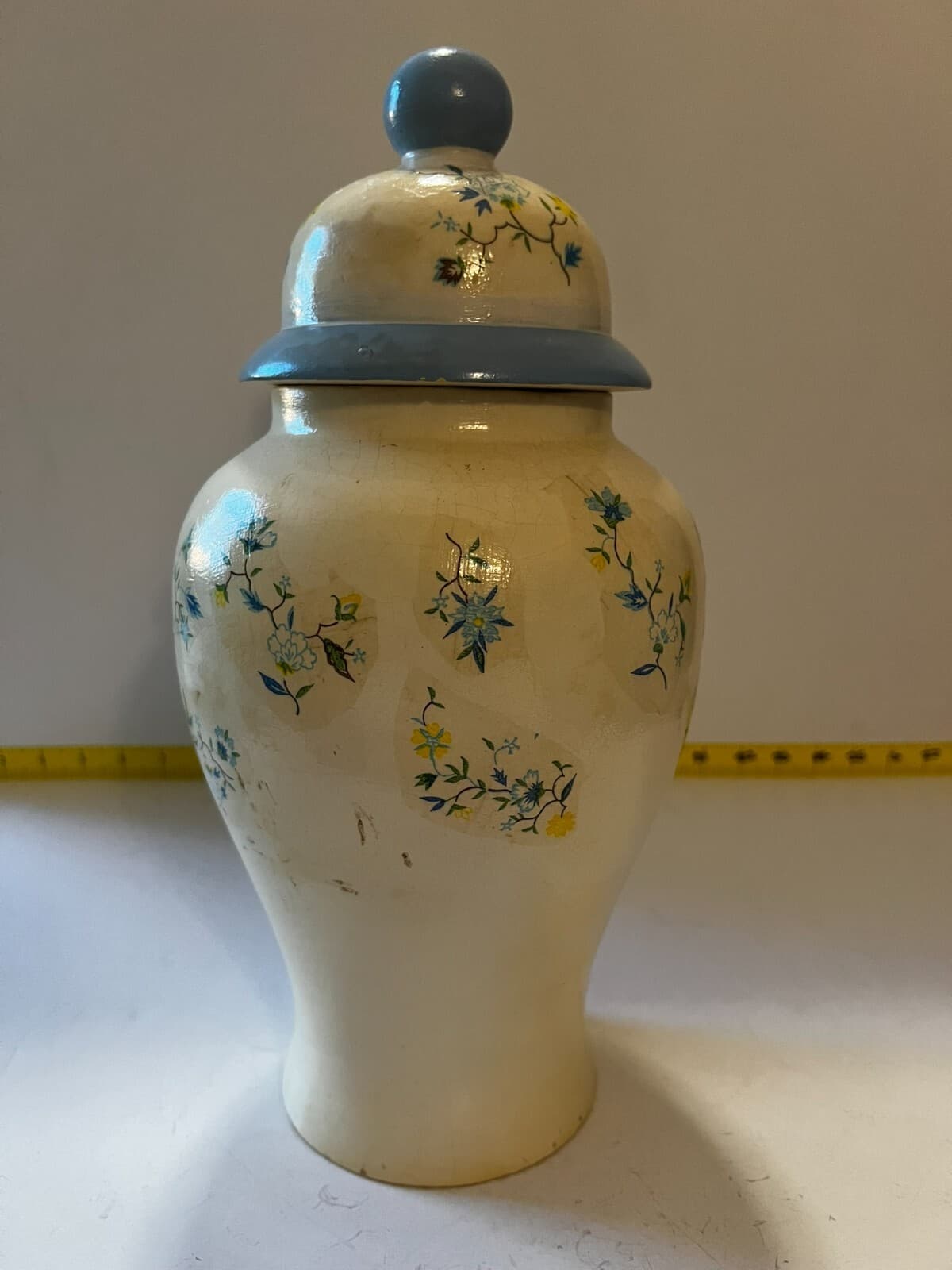 Ginger Jar & Lid White Blue Floral Decal Vintage Porcelain 10” Lidded Vase - Thumbnail 12
