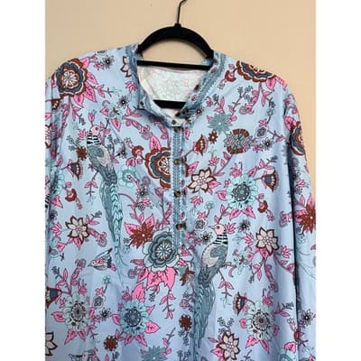 Women’s Boho Floral Bird Print Tunic Blouse Stand Collar Button Front Pink XXL - Thumbnail 2