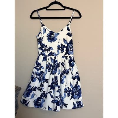 Monteau Floral Spaghetti Strap V Neckline Mini Sundress Blue White M - Thumbnail 7