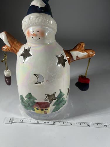 Vintage Christmas Snowman Ceramic Tea light Holder Mittens Stars Moon Whimsical - Thumbnail 21