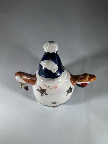 Vintage Christmas Snowman Ceramic Tea light Holder Mittens Stars Moon Whimsical - Thumbnail 13
