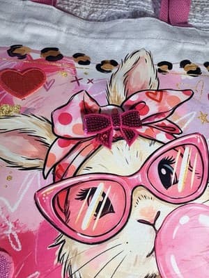 Easter Bunny Pink Bubble Canvas Tote Custom Design Embellish OOAK Basket Bag NEW - Thumbnail 5