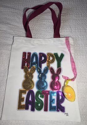Easter Bunny Sequin Red Canvas Tote Custom Design Embellish OOAK Basket Bag NEW - Thumbnail 2