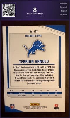 Terrion Arnold Donruss Elite Football #137 60/75 DCM Grade 8 Near Mint M 2024 - Thumbnail 2