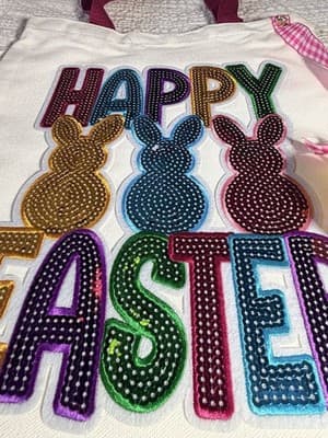 Easter Bunny Sequin Red Canvas Tote Custom Design Embellish OOAK Basket Bag NEW - Thumbnail 4