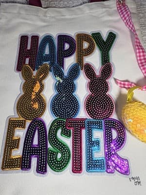 Easter Bunny Sequin Red Canvas Tote Custom Design Embellish OOAK Basket Bag NEW - Thumbnail 3