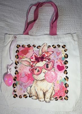 Easter Bunny Pink Bubble Canvas Tote Custom Design Embellish OOAK Basket Bag NEW - Thumbnail 3