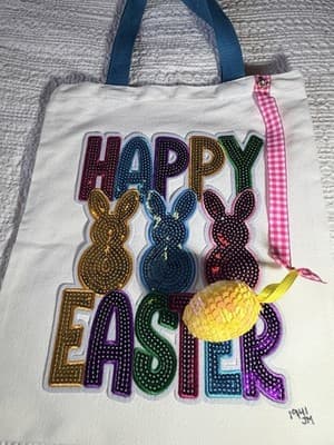 Easter Bunny Sequin Blue Canvas Tote Custom Design Embellish OOAK Basket Bag NEW - Thumbnail 5