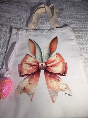 Easter Bunny Ears Pink Canvas Tote Custom Design Embellish OOAK Basket Bag NEW - Thumbnail 8