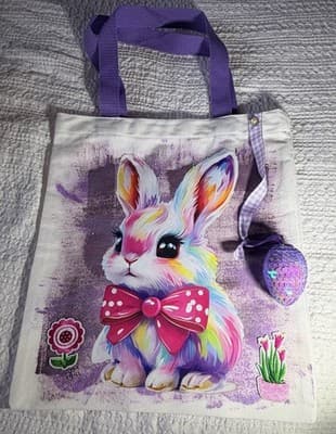 Easter Bunny Purple Cute Canvas Tote Custom Design Embellish OOAK Basket Bag NEW - Thumbnail 6